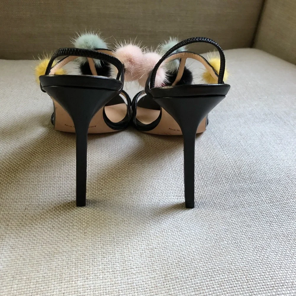 Manolo Blahnik Black Leather Slingback Heels with Multicolor Pom Poms